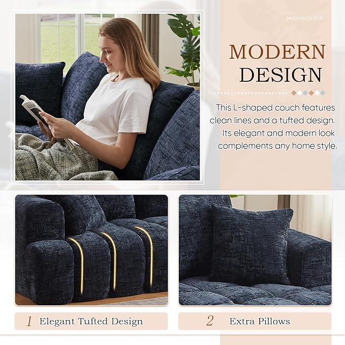 108 W Modular Sectionals SofaCloud Boneless Couch with ChaiseChenille Tufted Deep Seat L Shaped CouchModern Compression Foam Sofa for Living Room BedroomNo Assembly Required(Right FacingBlue)