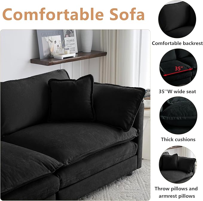 mikibama Modular Sectional Sofa 146.5 Inch L Shaped Couch Set for Living Room 4-Seater Comfy Cloud Couches with Movable Ottoman DIY Combination Chenille Black
