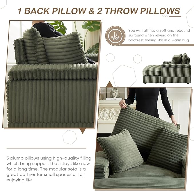Chaise Lounge Chair Indoor 44 Inch Comfy Corduroy Sectional Cloud Couch Upholstered Single Sofa w/Movable Ottoman for Living Room Bedroom Apartment Green