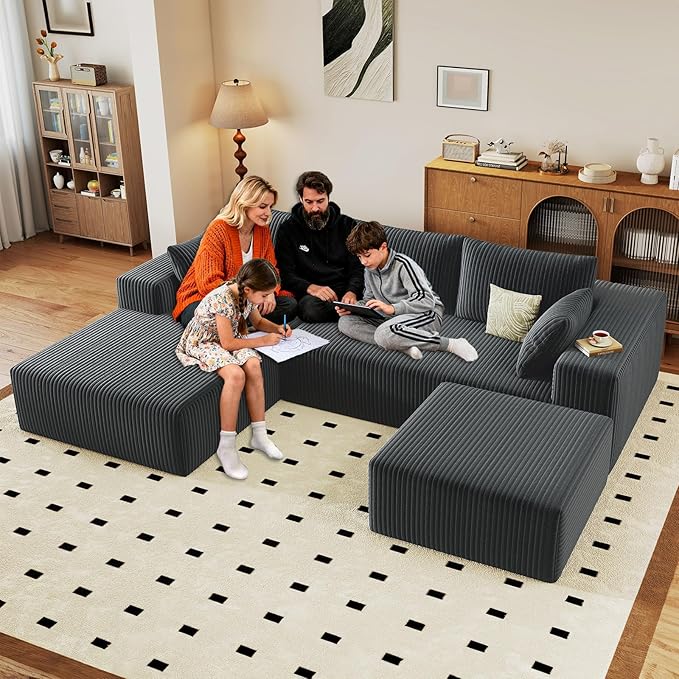 96 W Cloud Sectional Couch with OttomanModern U-Shaped Cloud Couch with Deep SeatComfy Corduroy 3-Seater SofaMemory Foam Sofa for Living RoomNo Assembly (Dark GreyLeft-Facing Chaise)