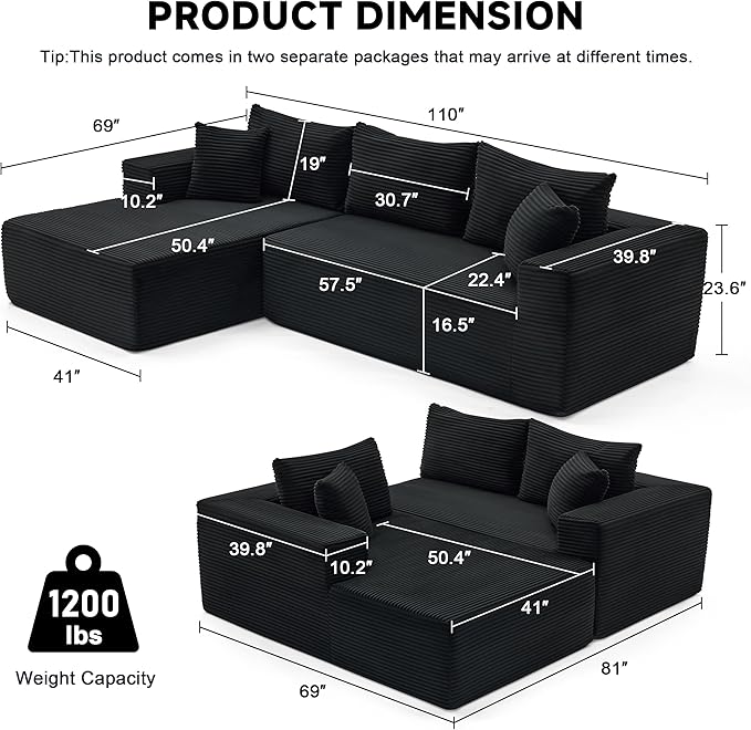 110 Inch Cloud Sectional Couch Modular Sectional Sofa with Deep Seat Boneless Sofa for Living Room Fluffy Comfy Couch with L-Shaped Chaise Black