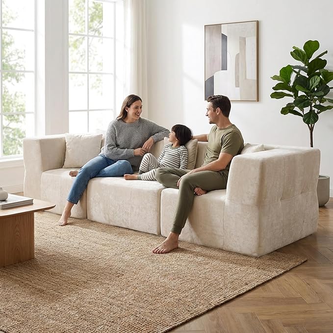 · REDEARTH · 3-Seater Modular Velvet Sectional Sofa No-Assembly Compressed Couch in a Box with Ottoman Firm Support Boneless Modular System in Plush Velvet for Living Room (3-Seater) Cream