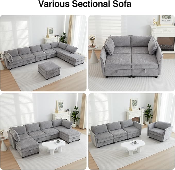 Modular Sectional Sofa Convertible Couch with Storage 4 Seater Sofa Modular with Reversible Chaise for Living Room Office (Grey)