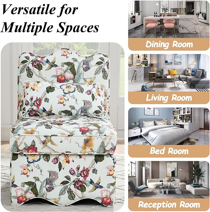 Floral Accent Chair Comfy with Pillow Armless Accent Chair for Bedroom Slipper Chair with Soft Seat Cushion and Backrest Side Chairs for Living Room Flannel Fabric Wave-Shaped (Red)