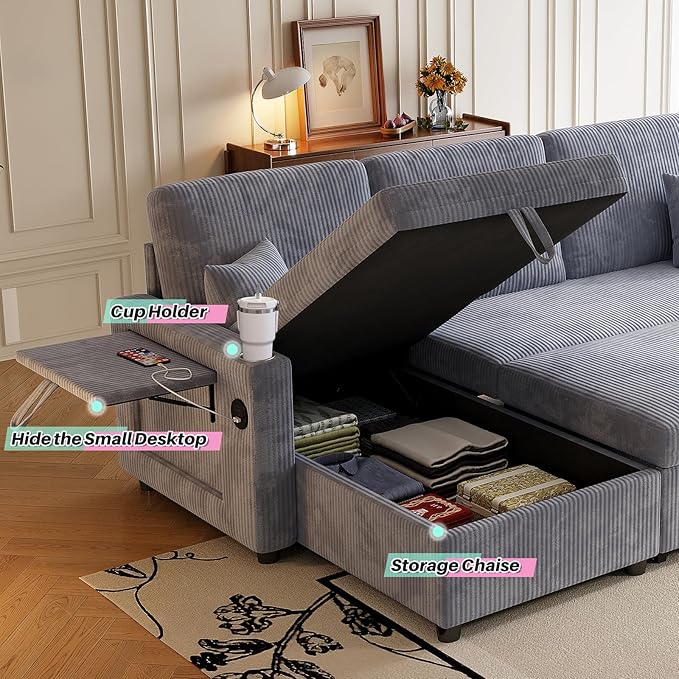 83 Sleeper Sectional Sofa Comfy Convertible Sofa Bed with Pull Out Couches Small Desktop Corduroy L Shaped Couch with Reversible Storage Chaise &amp USB for Living Room Apartment Grey