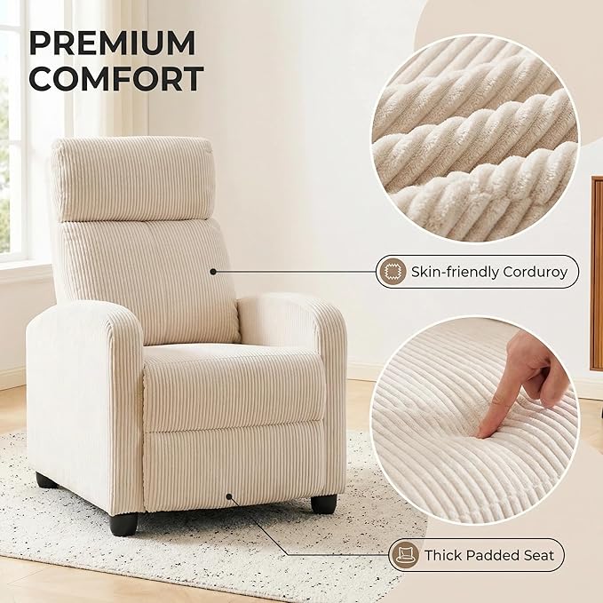 Furnimart Small Manual Recliner for Small Spaces Corduroy Reclining Chair with Chunky Overstuffed Cushion Single Sofa Recliner for Adults for Home Theater Living Room Bedroom Beige