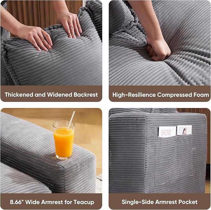 58 Pull Out Sofa Bed Convertible 2 in 1 Folding Loveseat Sofa Couch Corduroy Boneless Floor Sleeper Mattress Futon Deep Seat Wide Arm for Apartment Bedroom Living Room No Assembly 58-Grey