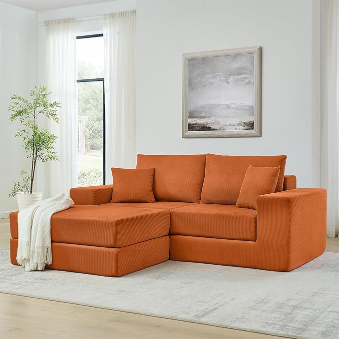 Modular Cloud Sectional Sofa Couch for Living Room Comfy Corduroy Sleeper Sofa Bed with Reversible Chaise Modern L-Shaped Sleeper Couch Bed with Deep Seat Orange