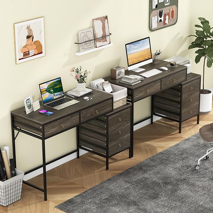 Tangkula Computer Desk with 5 Drawers 51 Home Office Desk with Printer Stand Metal Frame Study Writing Table Industrial Computer Workstation PC Desk for Bedroom Office Small Spaces (Grey)