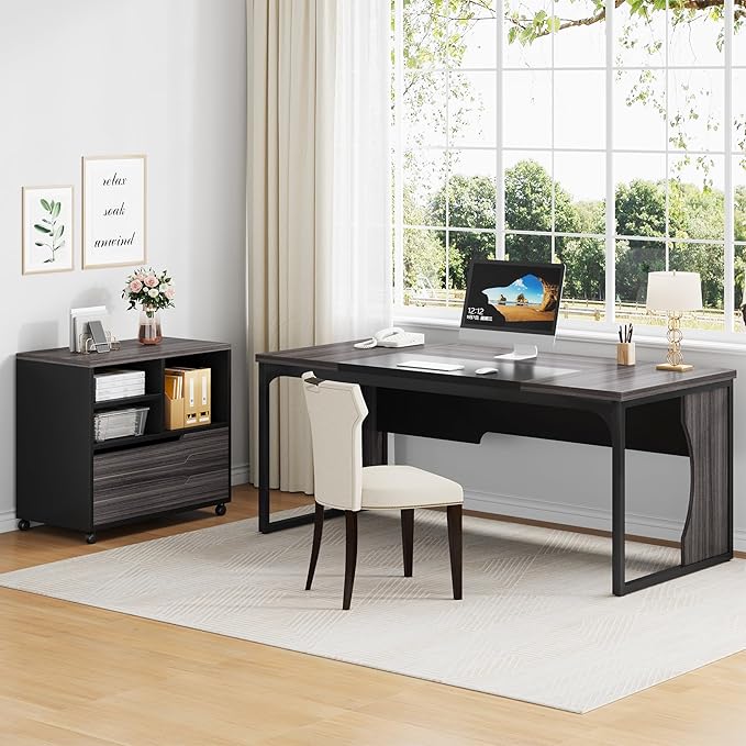 L Shaped Executive Computer Desk with Mobile File Cabinet and LED Light 63 inch Large Office Table Business Furniture with Storage and Drawers for Home Office Gray and Black