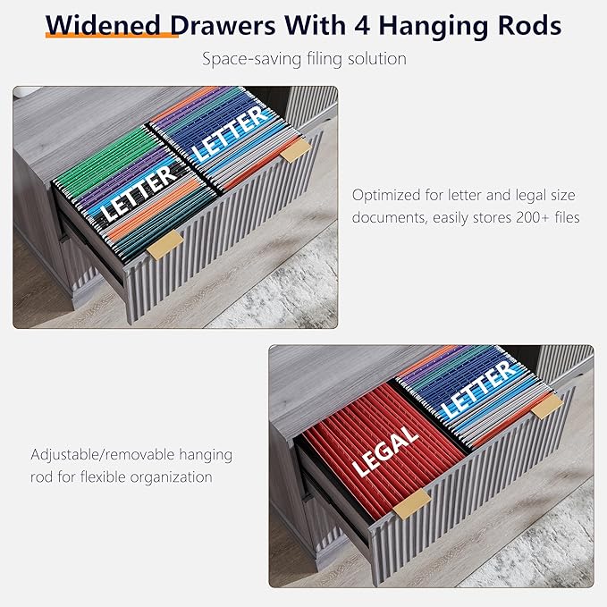 JXQTLINGMU 2 Drawer File Cabinet with Charging Station 30 Fluted Lateral File Cabinet w/Files Hanging Rod for Letter/Legal/A4 Large Tabletop for Printer Office Wood Printer Cabinets Grey