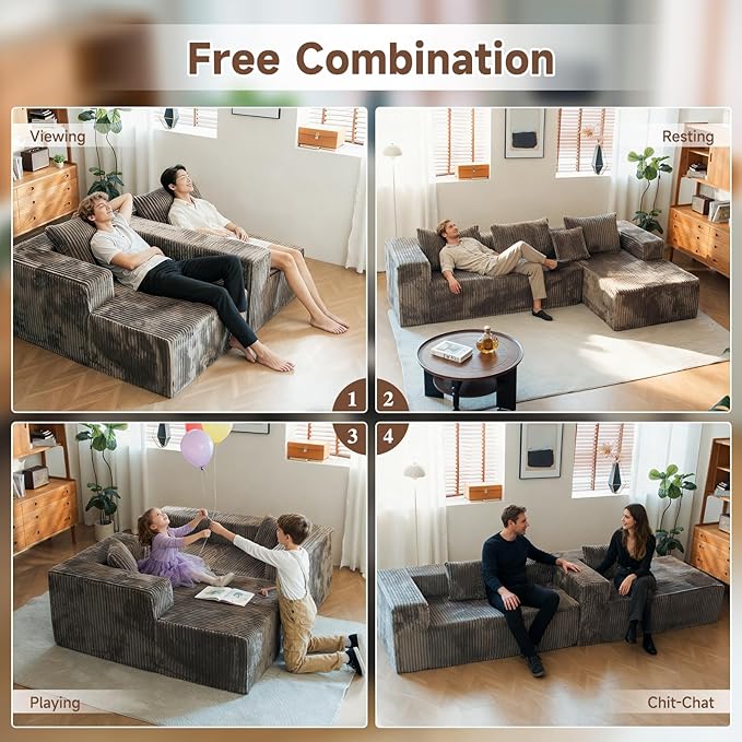 Upgrade 108’’ L Shape Cloud Couch Plush Corduroy Sectional Sofa with Chaise Boneless Couches for Living Room Bedroom No Assembly Required (Khaki Right Facing Chaise)