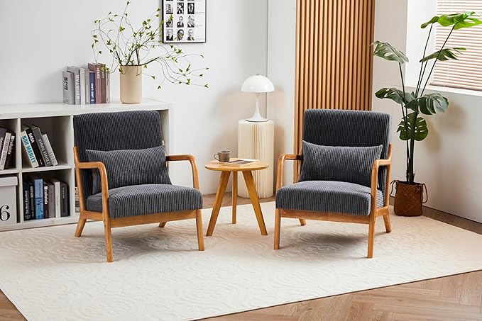 Mid Century Modern Accent Chair Arm Chair Living Room Chairs with Pillow Upholstered Reading Chair with Solid Wood e Living Room Bedroom Balcony (Antique Dark Grey)