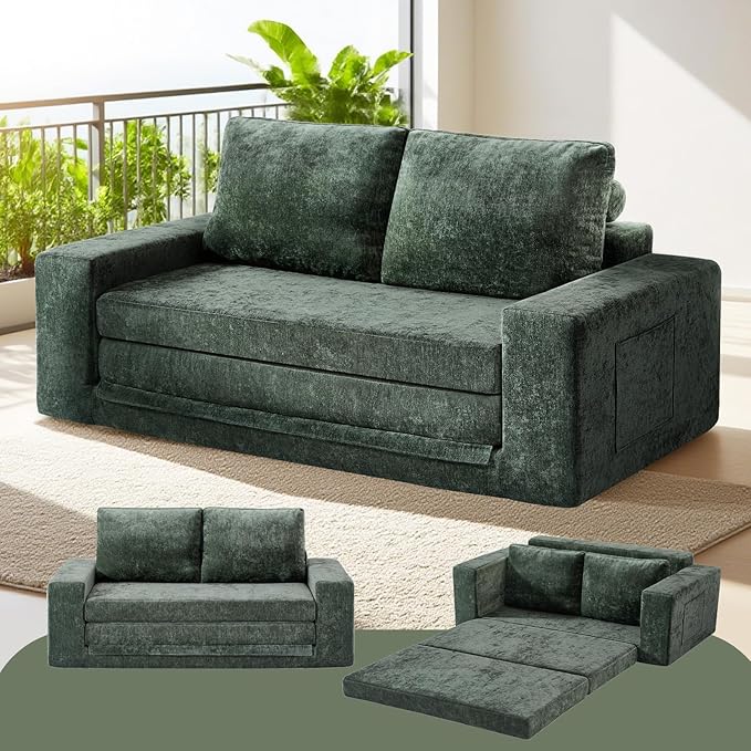 Convertible Sofa Bed Pull Out Loveseat Sleeper Couch with Pillows 2 in 1 Foldable Couch Bed with detachable mattress Modern Chenille Floor Futon Sofa with Pillows for Living Room Bedroom (Green)