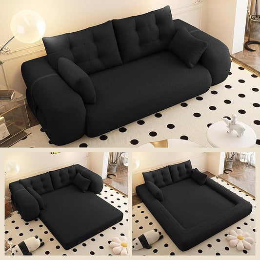 78.7 Convertible Sofa Bed 3-in-1 Folding Floor Couch with 4 Pillows Sleeper Sofa for Living Room and Guest Bed No Assembly Required (Black Teddy Fabric)