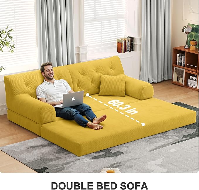79 Convertible Sofa Bed with Pillows Corduroy Folding Sleeper Sofa with Fixed-Shape Frame Boneless Couch for Living Room Bedroom Floor Sofa Lounge No Assembly Required (C - Style - Yellow)