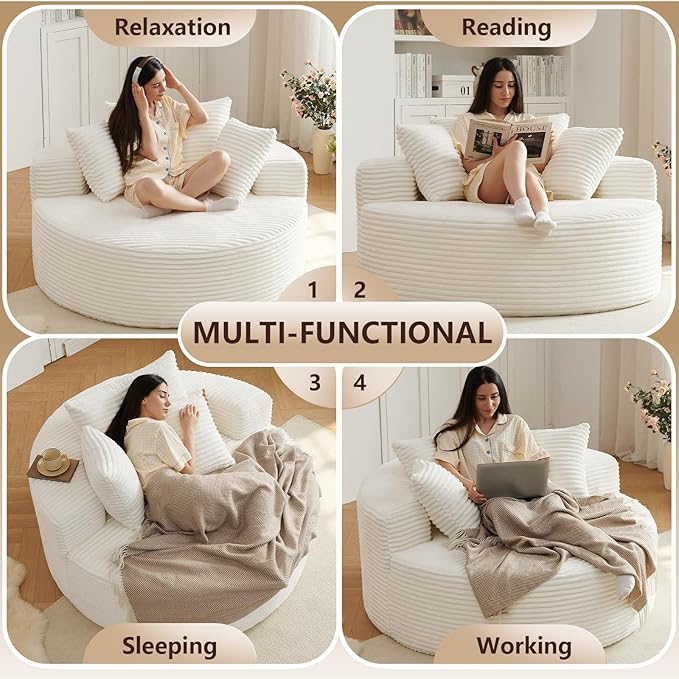 Oversized Round Chair Lounge Chaise Indoor Upholstered Corduroy Deep Seat Cloud Large Circle Sofa Chair No Assembly Required Fluffy Modern Sleeper Sofa Bed for Reading Living Room Bedroom White