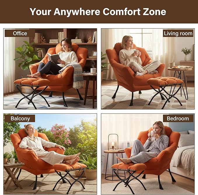Welnow Lazy Chair with Ottoman for Living Room Modern Reading Accent Chair with Armrests and a Side Pocket Leisure Upholstered Lazy Sofa for Small Space Bedroom Dorm Orange