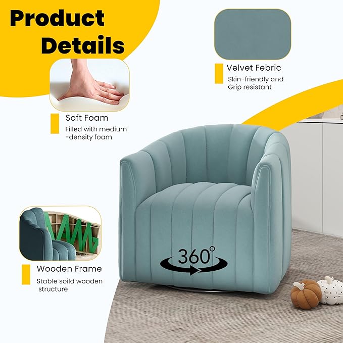 Swivel Accent Chair Velvet Barrel Arm Chair for Living Room Pumpkin Shaped Curved Chair with Metal Base for Bedroom Balcony Study Room（Blue）