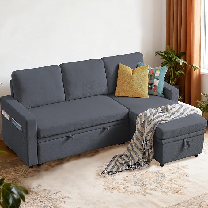 Convertible Sleeper Sofa Bed 79 Pull Out Bed L-Shape Sectional Couch with Reversible Storage Chaise Soft Cushions 3 in 1 Modern Pullout Bed for Living Room Dark Grey