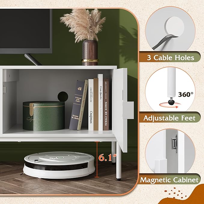 WLIVE TV Stand for 65 Inch TV Mid Century Modern Entainment Center with 2 Storage Cabinets &amp Open Shelf TV Console Table Media with Metal Legs for Living Room Bedroom White