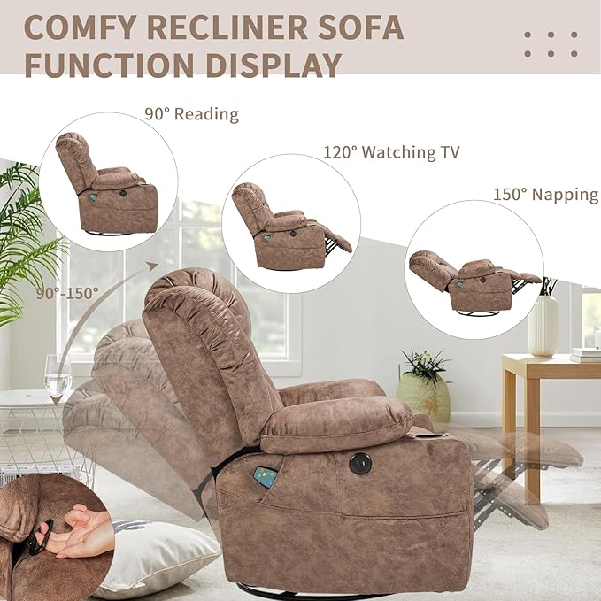 Swivel Rocker Recliner Chair with Heat and Massage Manual Glider Rocking Reclining Chair 360° Swivel Overstuffed Lounge Chair with 2 Cup Holders Side Pockets &amp USB Ports Fabric Brown
