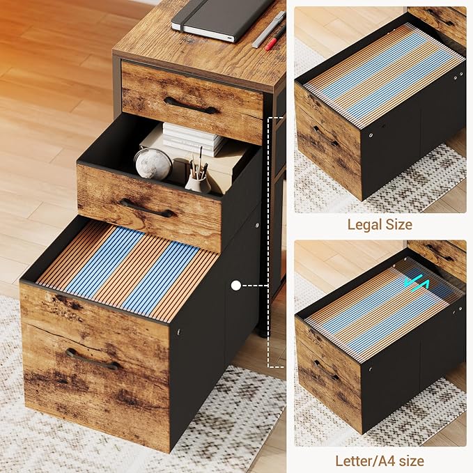 SEDETA L Shaped Desk with Storage Shelves 64.5 Reversible U Shaped Office Desk with 3 Fabric Drawers Gaming Desk with Power Outlet &amp LED Strip for Home Office Rustic Brown