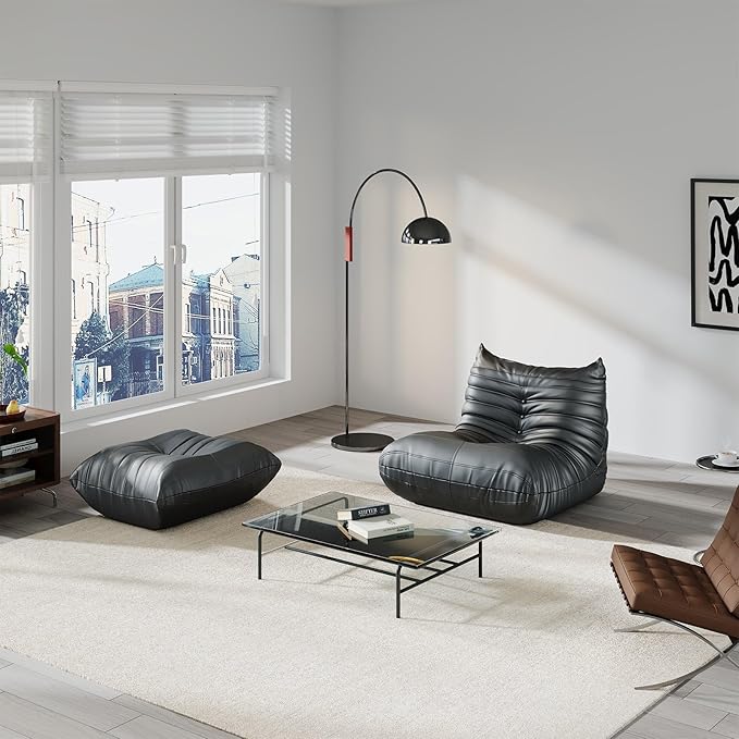 Comfy Lazy Floor Sofa CouchSoft Armless ChairFaux Leather Lounge ChairCorner Relax Sofa Couch for Living Room BedroomSalon OfficeAdults(Black+1P+ Ottoman)