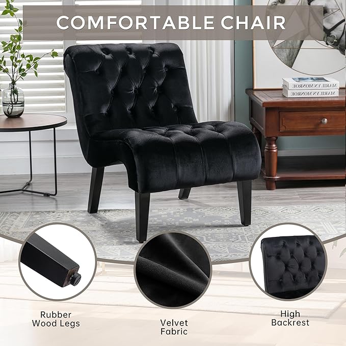 Modern Velvet Armless Accent Living Room Chair/Leisure ChairUpholstered Fabric Button Comfortable Chair with Wooden Legs for Bedroom Living Room Office (Black Velvet)