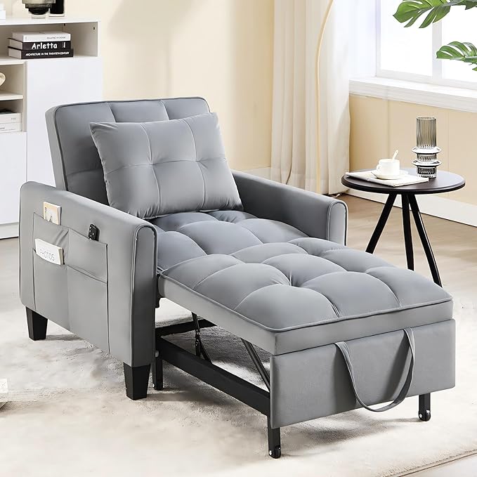 Convertible Sleeper Chair 3 in 1 Sleeper Chair Bed Velvet Pull Out Sofa Bed Chairs Single Sofa Beds with Adjustable Backrest for Adults Reading Living Room Bedroom Dark Grey