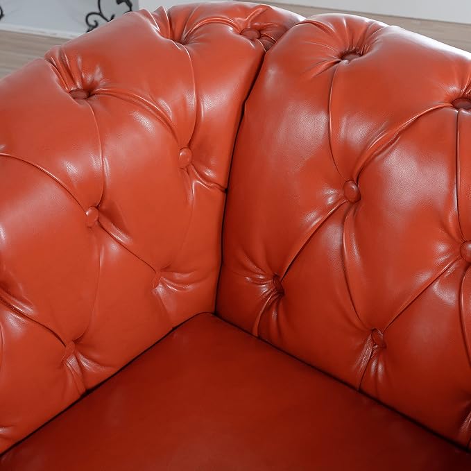KEIKI 39 PU Leather Chesterfield Sofa with Rolled Arms &amp High Resilience Cushion Modern Style Upholstered 1-Seater Button Tufted Couch with Birch Legs Easy Assembly for Living Room Orange