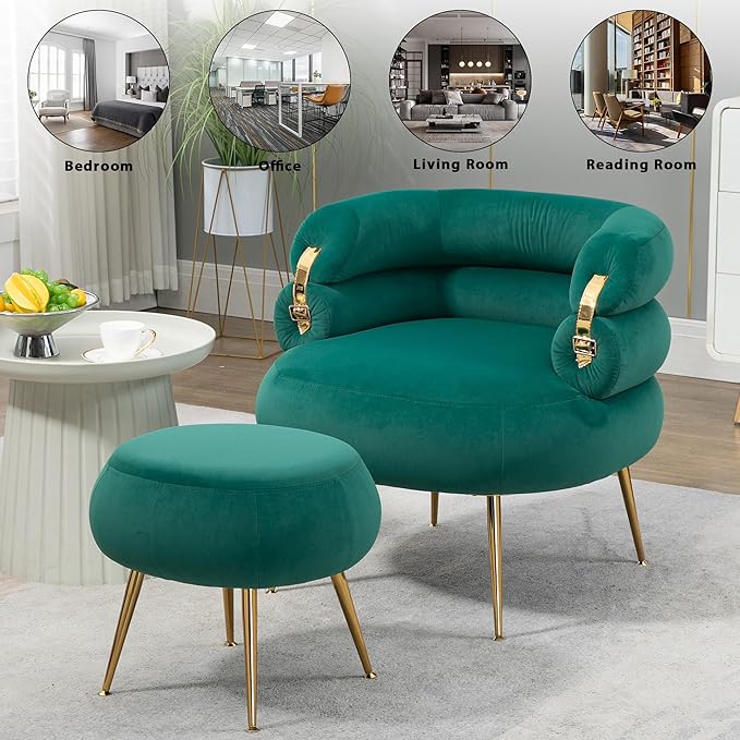 Velvet Accent Chair with Ottoman Set Modern Upholstered Armchair Tufted Chair with Footstool Single Sofa Chair with Metal Legs for Living Room Apartment Bedroom(Green-Chair and Ottoman)