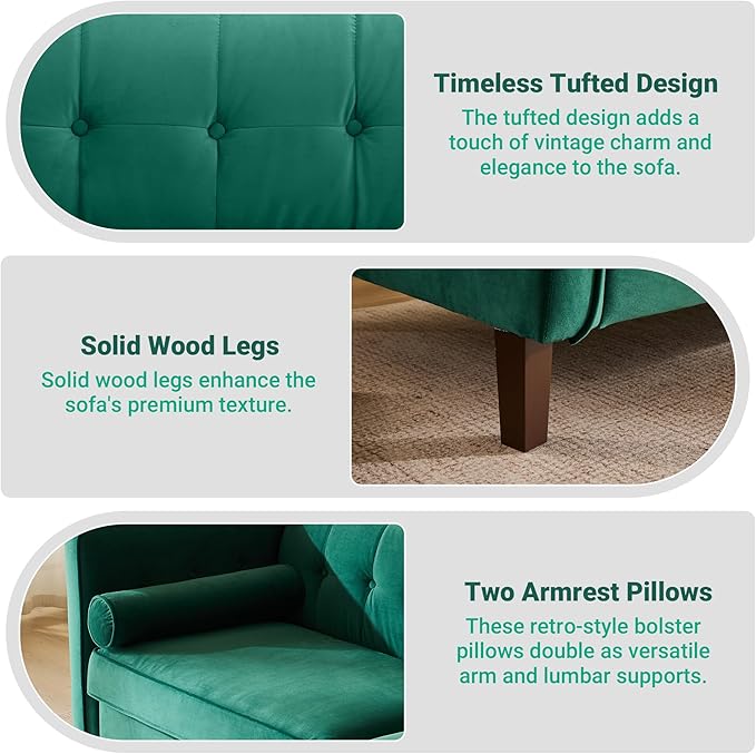 Kingfun 78 Couch for Living Room Mid Century Modern Sofa Velvet Loveseats with Bolster Pillows Home Sofa for Bedroom Green