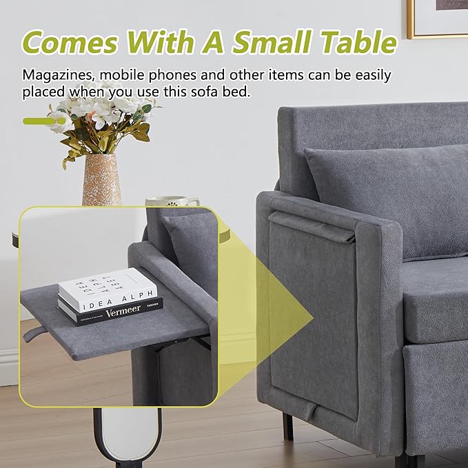 3-in-1 Sleeper Sofa Bed 51'' Convertible Folding Couch with Pullout Bed Chenille Futon Sleeper Sofa with Side Table and 2 Pillows Modern Loveseat Couch for Living Room Bedroom Home Office (Grey)