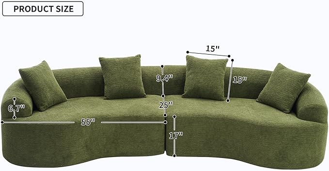 KEIKI Curved Chenille Modular Sectional Couches with Pillows 4 Seater Oversized Upholstered Luxury Plush Cloud Sofa for Living Room Apartment Full Compression Sponge