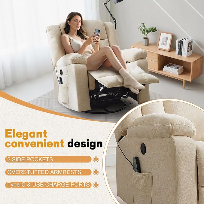 Rocker Recliner Glider Recliner Chairs for Adults 360° Swivel Rocking Chair with Massage and Heating Nursery Chair with Storage and USB Charging for Living Room Bedroom Nursery