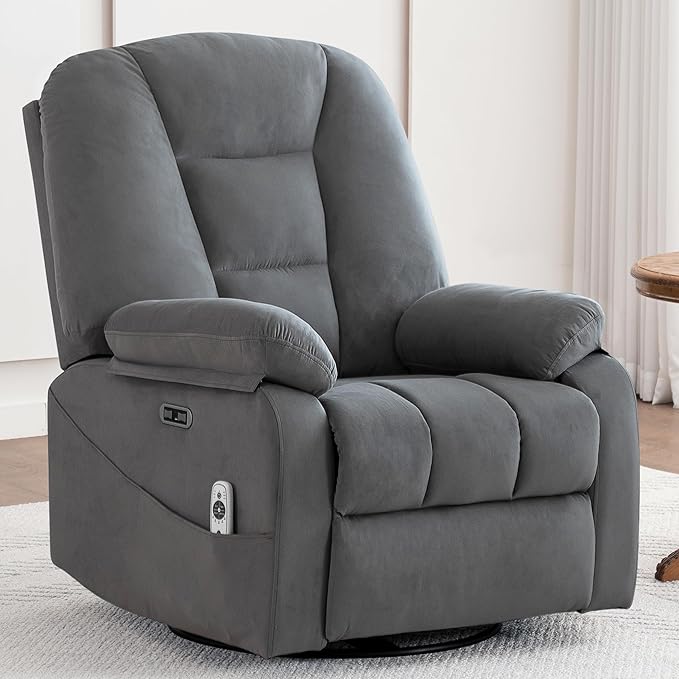 Power Swivel Rocker Recliner with Massage and Heat USB and Type-C Port Infinite Position Electric Glider Rocking Chairs Living Room Soft Fabric Reclining Sofa Chair (Velvet Grey)