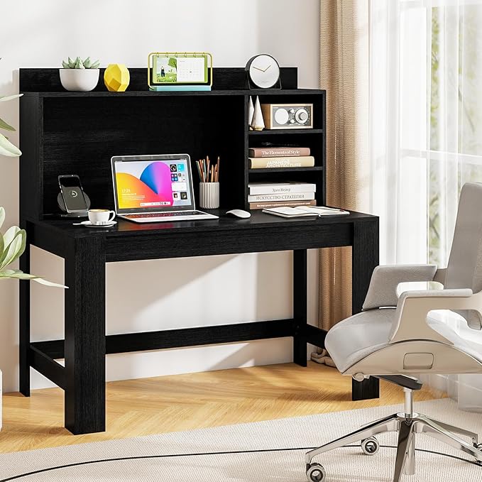 Tangkula Computer Desk with Hutch &amp Charging Station Home Office Writing Study Desk with Storage Shelves Cable Management Hole Laptop Desk Desk for Bedroom Computer Workstation (Black)