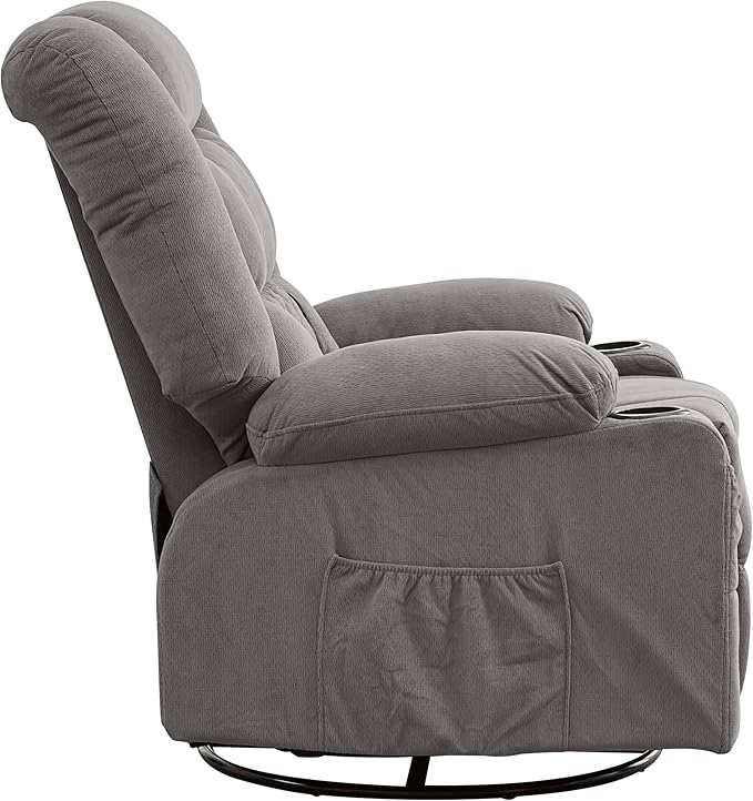 Massage Swivel Rocker Recliner Chair with Vibration Massage and Heat Ergonomic Lounge Chair for Living Room with USB Charge Port and Side Pocket Rocking Function (Light Grey)