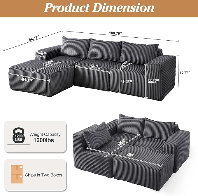 101 Cloud Sectional Couch Memory Foam Comfy Modular Sectional Sofa with Ottoman Corduroy Boneless Couches with Deep Seat L-Shaped Sofa for Living Room No Assembly Required (Dark Gray) | Deep Seat