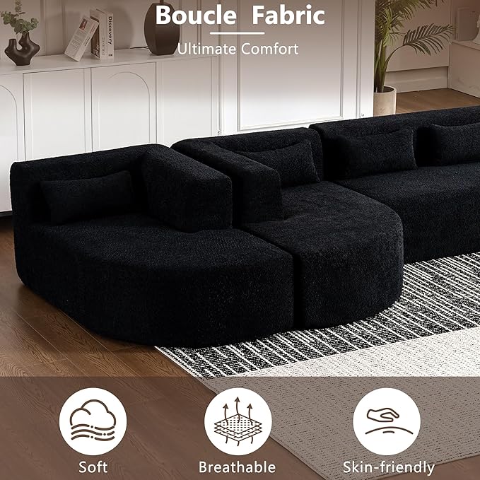 P PURLOVE Modular Sectional Sofa 4 Free Combined Couch Boucle Fabric Modern Upholstered Sofa with 2 Chaise Lounge and 5 Back Pillows for Living Room Office Apartment (Black)