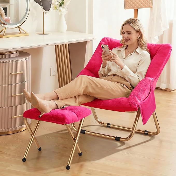 Comfy Saucer Chair Foldable Living Room Chairs Soft Faux Fur Lounge Chair for Bedroom Reading Chairs for Adults Teens X-Large (Hot Pink)