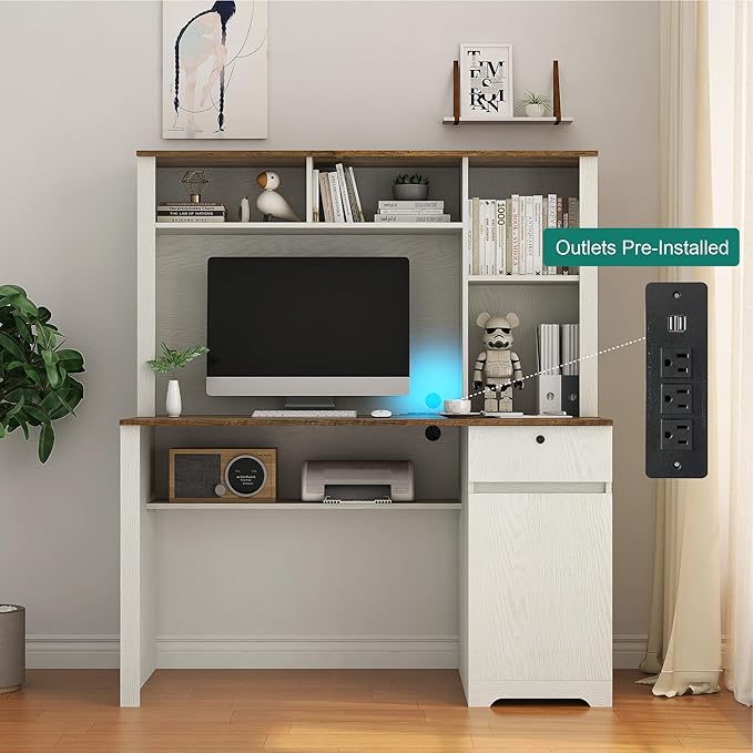 Computer Desk with Hutch BookshelfWood Executive Desk Teens Student Desk Writing Laptop Home Office Desk with Drawers3 AC Outlets and 2 USB Charging PortsStudy Laptop Table for Home
