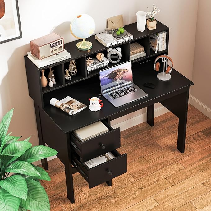 Giantex Black Desk with Drawers &amp Hutch Home Office Desk with Charging Station 5 Storage Cubbies Makeup Vanity Table Modern Study Writing Desk PC Laptop Desks Computer Workstation for Bedroo