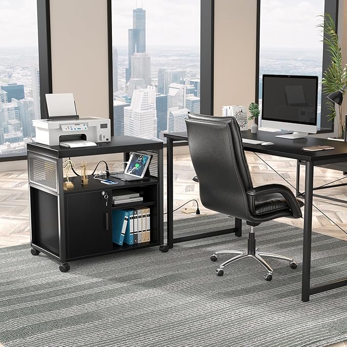 Unikito Lateral File Cabinet Locking Office Printer Stand with Sockets and USB Charging Ports Modern Rolling Printer Desk with Storage for A4 Letter Size and File Folders Black