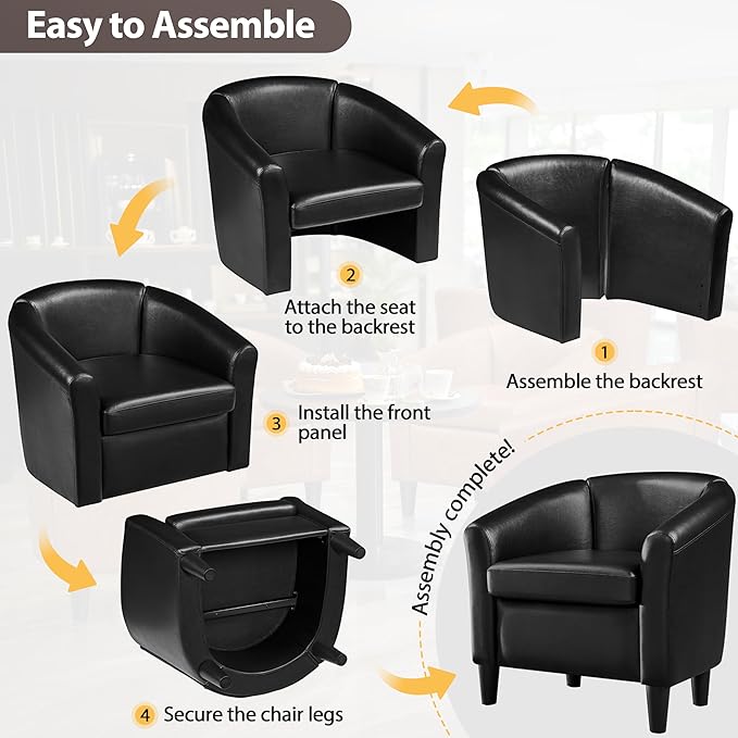 Topeakmart Faux Leather Club Chair Modern Accent Chair and Cozy Barrel Armchair with Sturdy Legs for Living Room Bedroom Reception Room Black