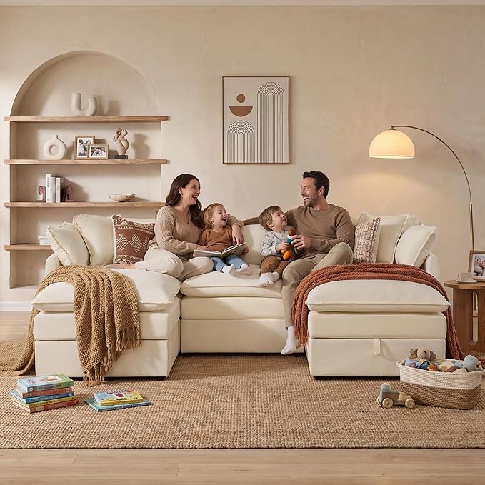 WorthFurni Modular Sectional Sofa with Storage Ottomans102 U-Shaped Cloud CouchComfy Modern Couches with Pillows &amp Upholstered Deep Seat Cushion for Apartment Living Room Bedroom（Beige）