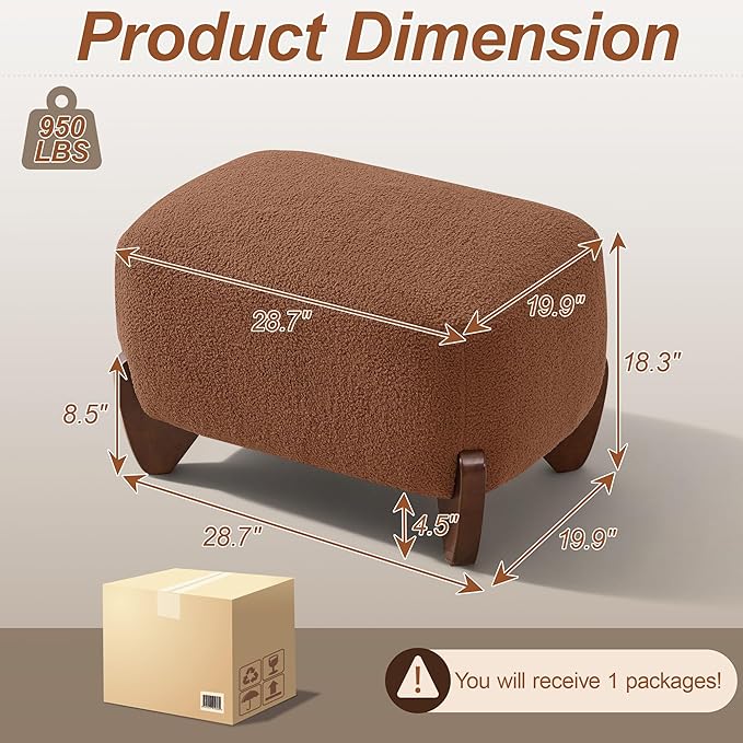 28.7 Sherpa Boucle Ottoman with Solid Wood Legs Modern Upholstered Footstool Comfy Ottoman for Living Room Bedroom Caramel