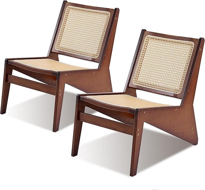 Rattan Chair 2Pcs Mid-Century Accent Chair Rattan Lounge Chair for Living Room Boho Side Corner Comfy Chair for Bedroom and Balcony Walnut