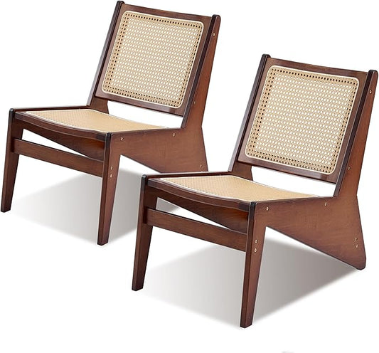Rattan Chair 2Pcs Mid-Century Accent Chair Rattan Lounge Chair for Living Room Boho Side Corner Comfy Chair for Bedroom and Balcony Walnut